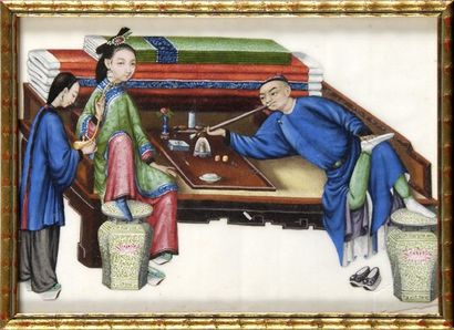 Rare peinture sur papier de riz représentant...