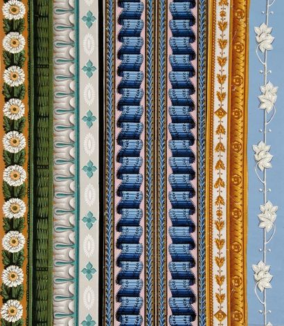 Réunion de sept bordures de papier peint,...