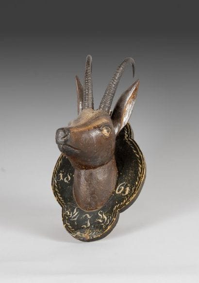 Tête de chamois en bois sculpté avec cornes...