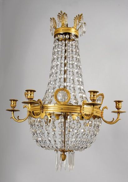 Lustre montgolfière à six lumières en bronze...