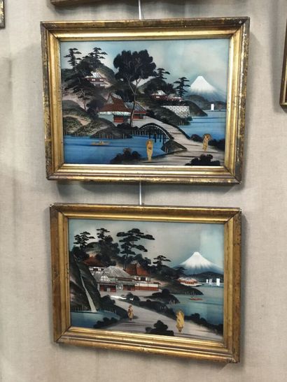 JAPON, suite de trois gravures sous verre...