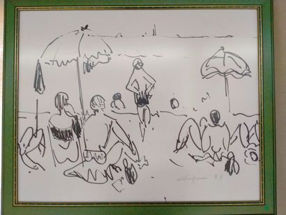 RAFFIN, la plage, encre sur panneau, Signé...