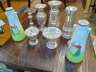 Ensemble de sept objets divers en verre argenté...