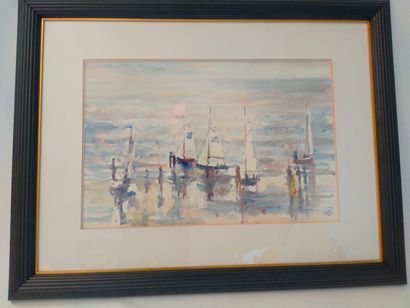 MIR, voiliers sur la plage, aquarelle, Signé...