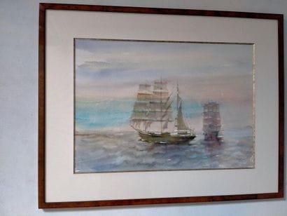 MIR, Trois mats en pleine mer, Aquarelle,...