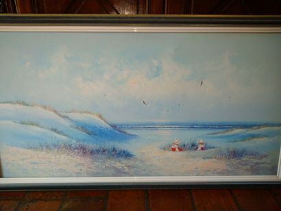 W. BRIAN, 2 enfants dans les dunes, huile...