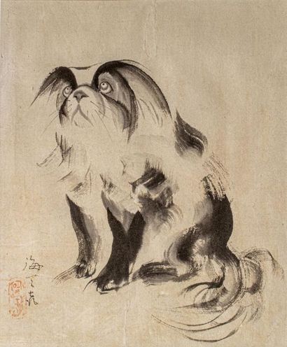 Peinture sur papier représentant un chien,...