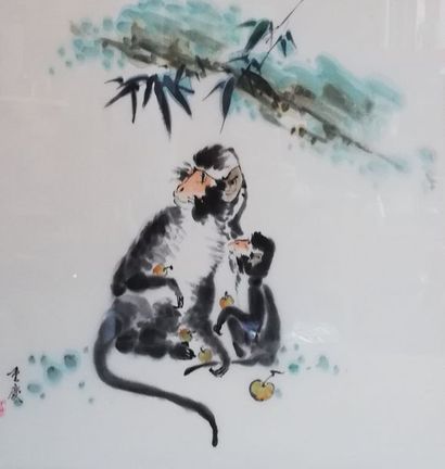Singe avec son petit sous les bambous. Peinture...