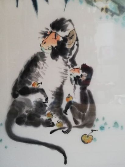 Singe avec son petit sous les bambous. Peinture...