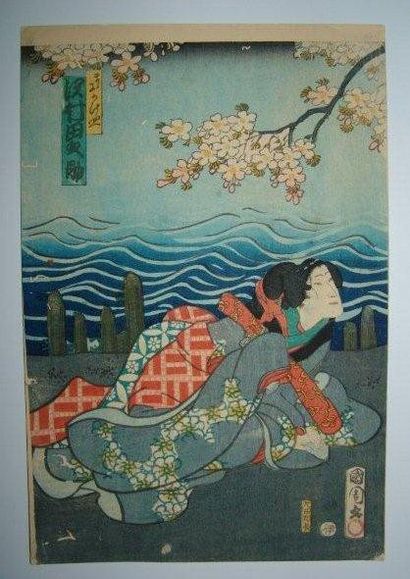 Kunichika, jeune femme en bord de la mer....