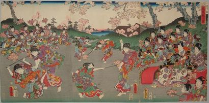 Toyokuni III, triptyque, fête donnée en l?honneur...
