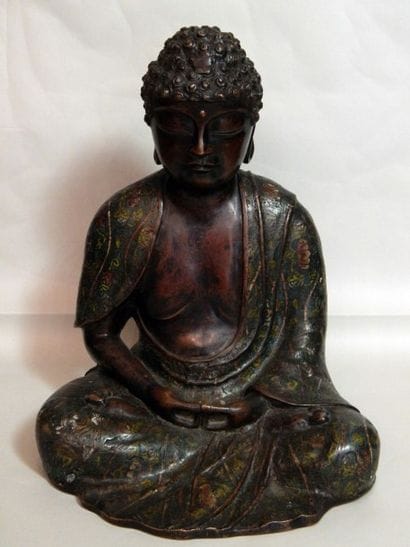 Bouddha en bronze à patine brune et émaux...