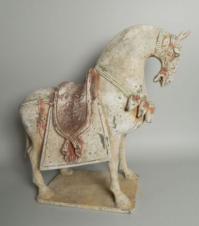 Cheval debout sur une terrasse. Il porte...