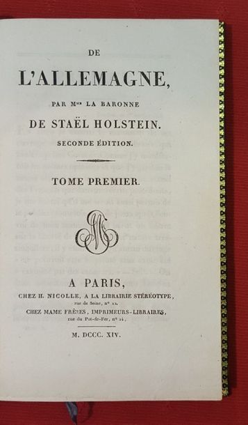 STAËL HOLSTEIN Baronne de

De L'Allemagne.
Paris,...