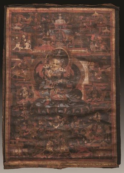 Thangka figurant au centre Vaishravana (Kubera)entouré...