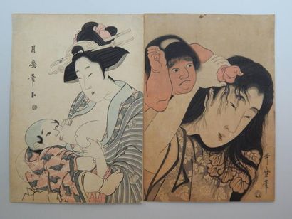 Deux estampes de Utamaro, Une mère allaitant...