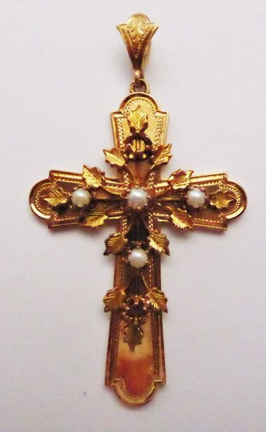 Pendentif croix en émail bleu, monture or...