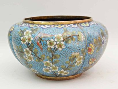 Cache pot godronné en bronze et émaux cloisonnés...