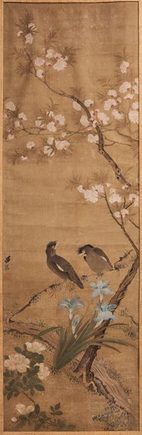 Peinture sur soie, un couple d’oiseaux au...