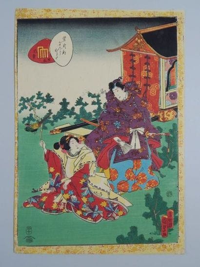 Kunisada, série du Prince Genji, arrêt devant...