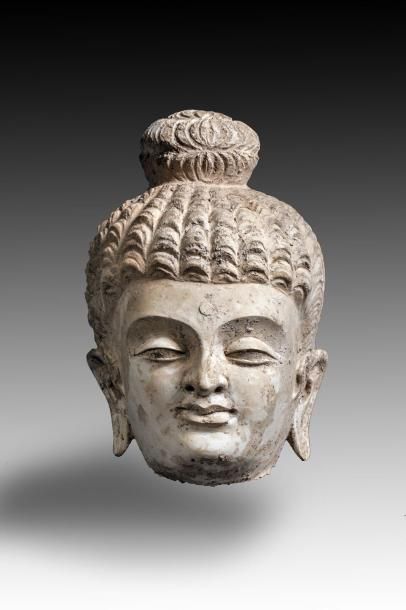 Tête de Bouddha en stuc, à la chevelure recouvrant...