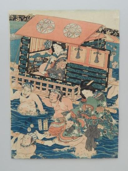Kunisada, une femme noble traversant une...