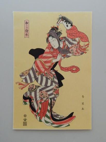 Shunei, oban tate-e, femme aux marionnettes....