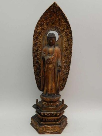 Statue de bouddha en bois laqué doré, debout...