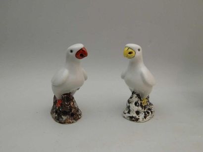 Paire de perruches en porcelaine blanche....