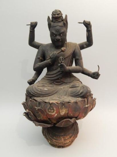 Statue en bois du Roi de Science Râga « Aizen-myôô »...
