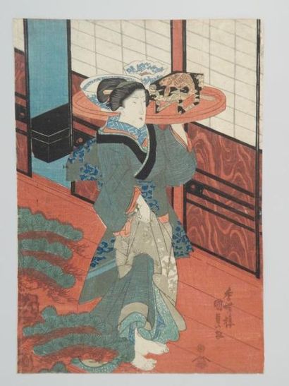 Kunisada, oban tate-e, une jeune femme porte...