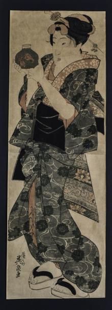 Eisen, hashira-e, bijin tenant un bocal avec...