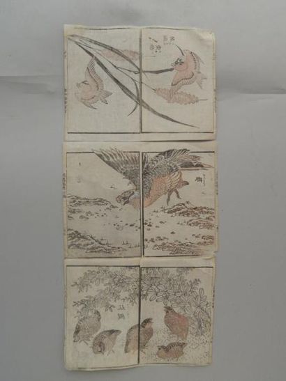 Hokusai gafu, trois pages de livre. Vers...