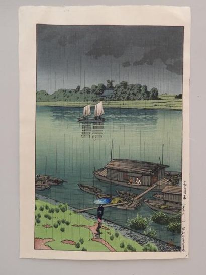 Hasui, pluie d’été à Arakawa. Vers 1940.