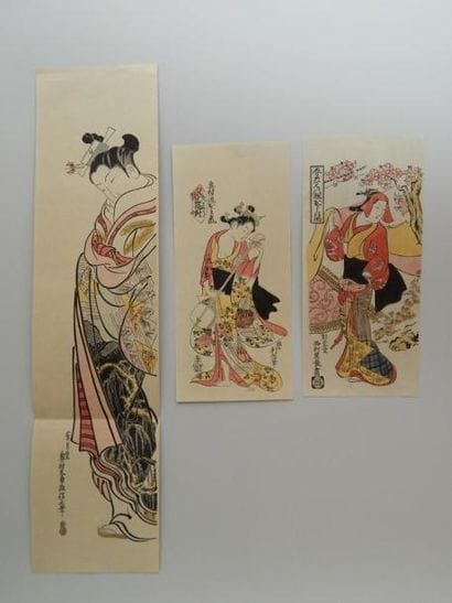 Trois estampes de Kiyonobu. Tirage Meiji...