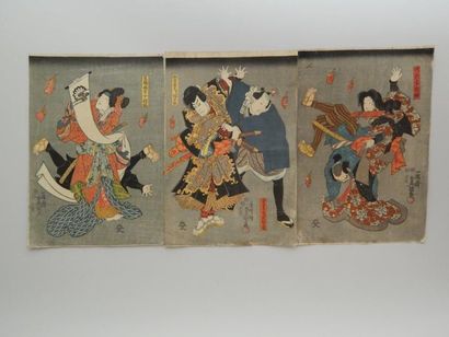 Toyokuni, triptyque, scènes de lutte. Vers...