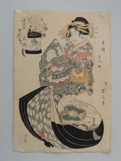 Eizan, oban tate-e, bijin en kimono. Vers...