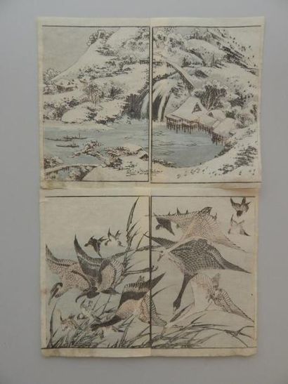 Hokusai, deux doubles pages de livre, oiseaux...