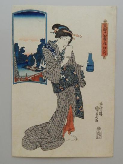 Kunisada, oban tate-e, bijin tenant un flacon....