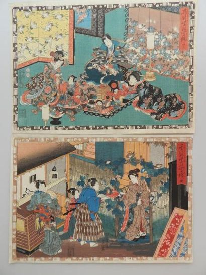 Kunisada, oban yoko-e, deux planches, Genji...
