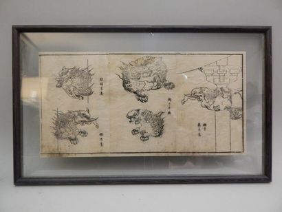 Trois feuilles d’album de la manga de Hokusai...