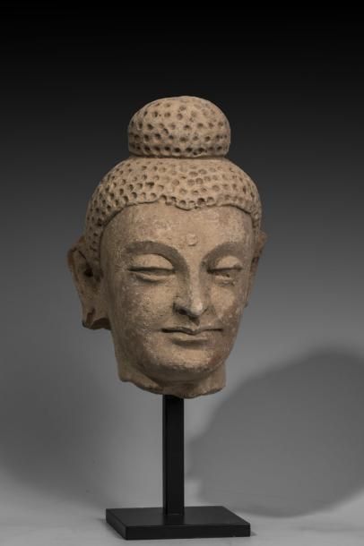 Tête de Bouddha à l’urna. En terre cuite....