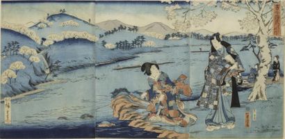 Hiroshige et Yohitora, triptyque, oban tate-e,...