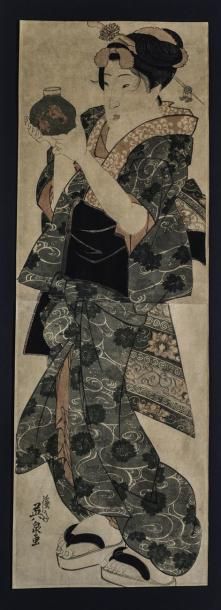 Eisen, hashira-e, bijin tenant un bocal avec...