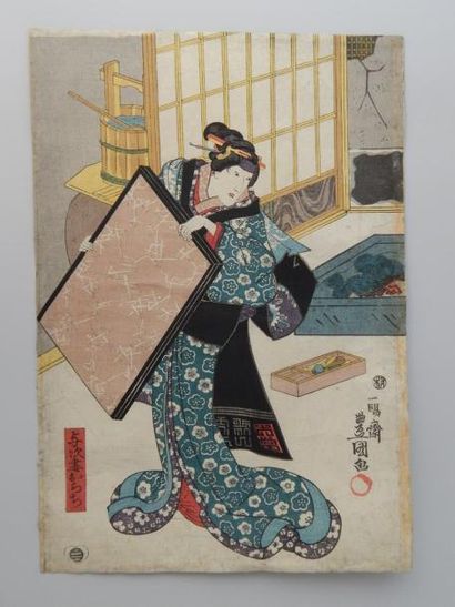 Toyokuni III, oban tate-e, femme dans un...