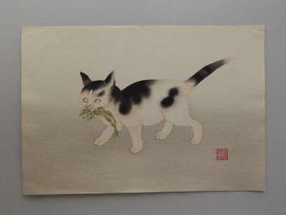Seizan Aoyama, chat tenant une grenouille,...