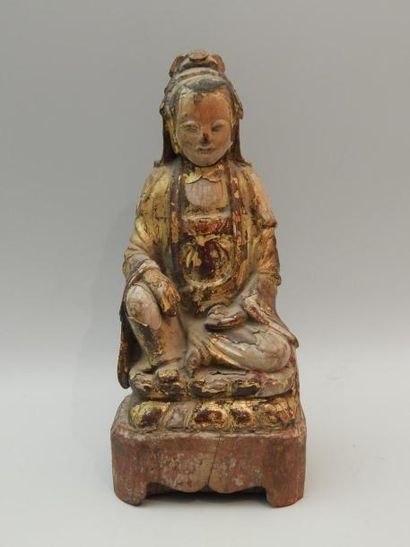 Kwanin reliquaire assise en bois. H : 25.5...
