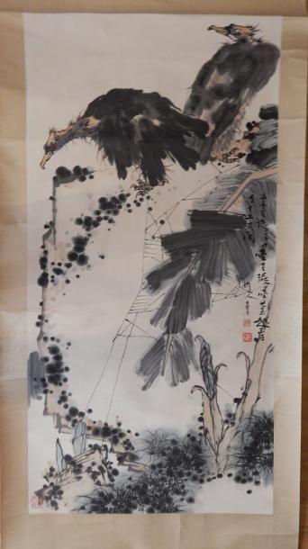 Peinture en « kakemono » représentant deux...