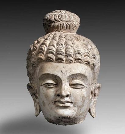 Tête de Bouddha en stuc, à la chevelure recouvrant...
