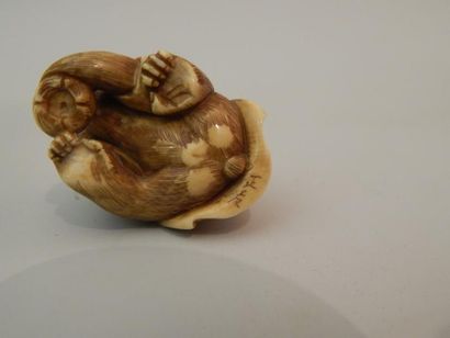 Netsuke en ivoire. Singe assis un crabe sur...